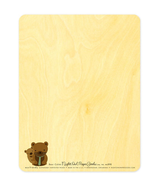 Back of Bear Cub Wood Father's Day Card with small dad and cub illustration in the lower left corner and plenty of room for a handwritten message.