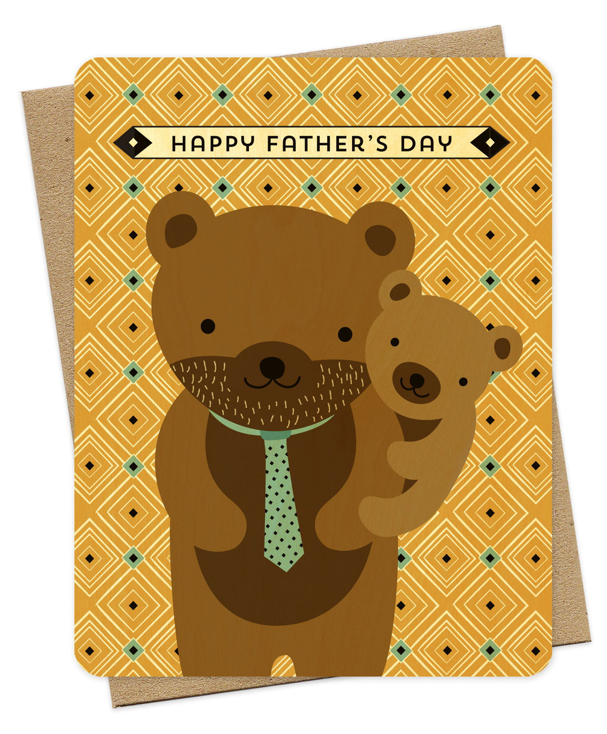 Wood Father's Day card featuring a bear dad carrying a bear cub with a geometric background design and the message "Happy Father's Day." Shown with a kraft envelope.