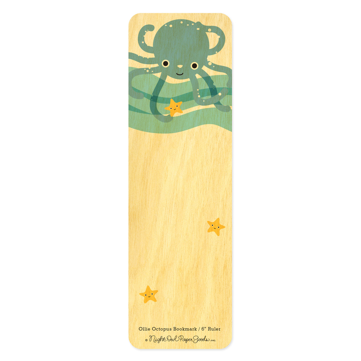Birch wood bookmark featuring a blue octopus and yellow starfish. Bottom text reads "Ollie Octopus Bookmark / 6" Ruler" followed by the Night Owl Paper Goods script logo.
