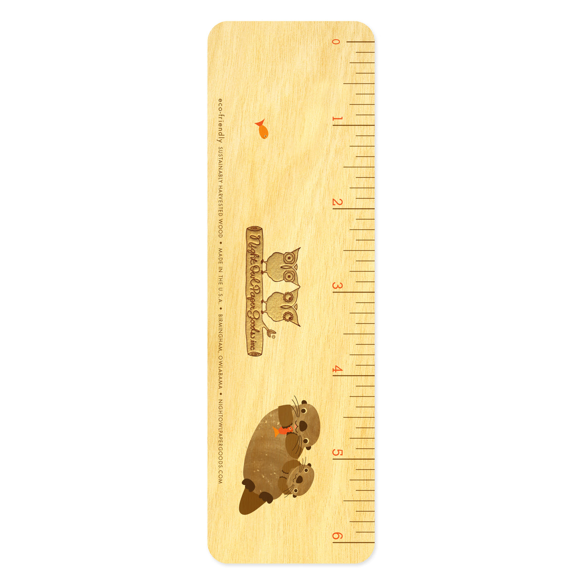 Back of birch wood bookmark showing a 6-inch ruler with measurement markings. At the bottom: Night Owl Paper Goods logo with text reading "Eco-Friendly Sustainably Harvested Wood - Made in the USA - Birmingham, Owlabama - nightowlpapergoods.mom."