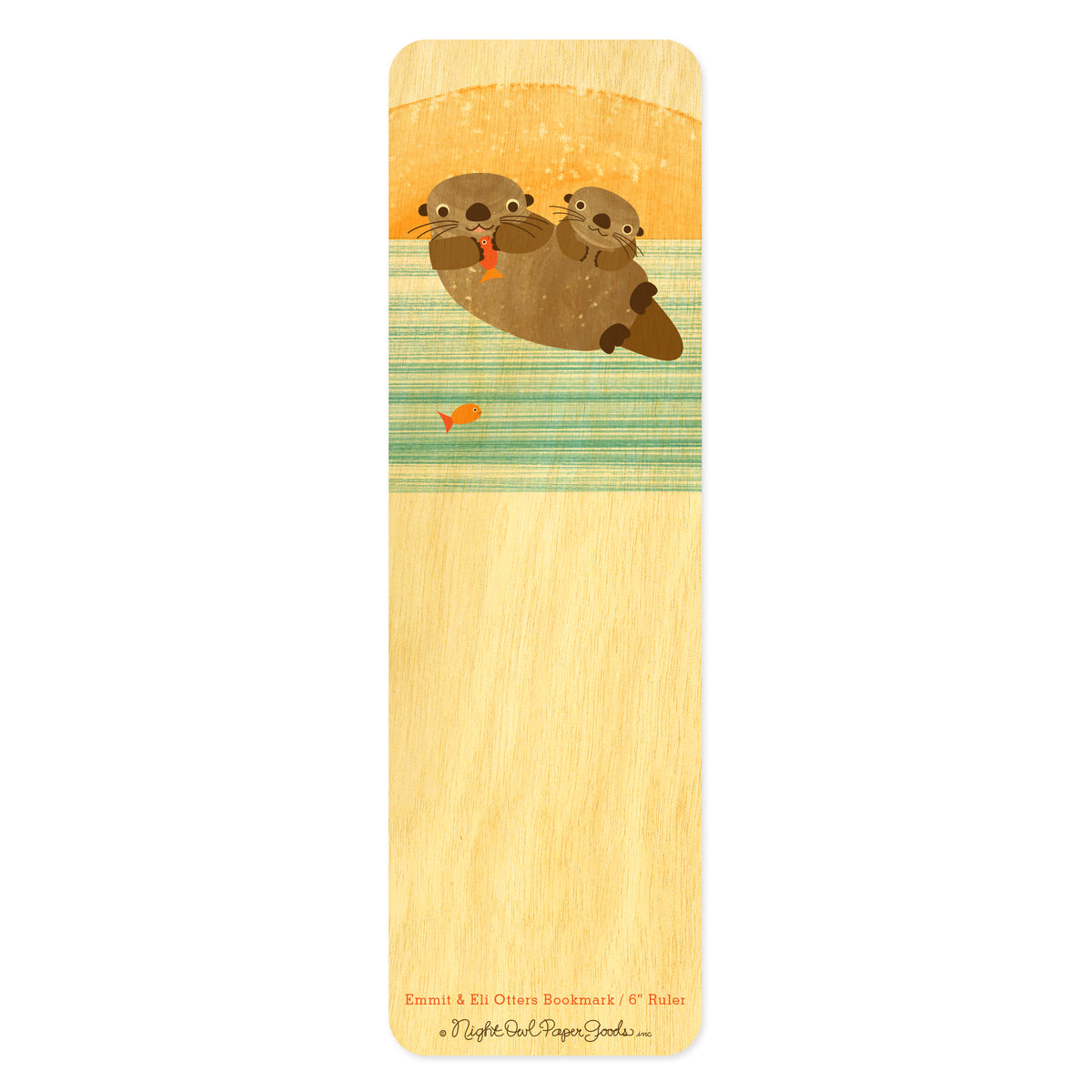 Birch wood bookmark featuring two cute otters floating in striped blue water with a sun in the background. Bottom text reads "Emmit & Eli Otters Bookmark / 6" Ruler" followed by the Night Owl Paper Goods script logo.