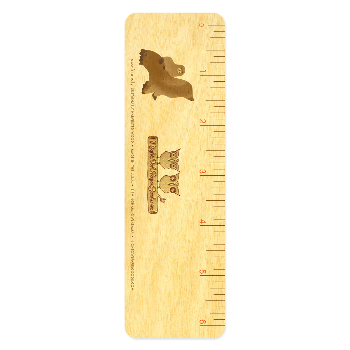Back of birch wood bookmark showing a 6-inch ruler with measurement markings. At the bottom: Night Owl Paper Goods logo with text reading "Eco-Friendly Sustainably Harvested Wood - Made in the USA - Birmingham, Owlabama - nightowlpapergoods.mom."