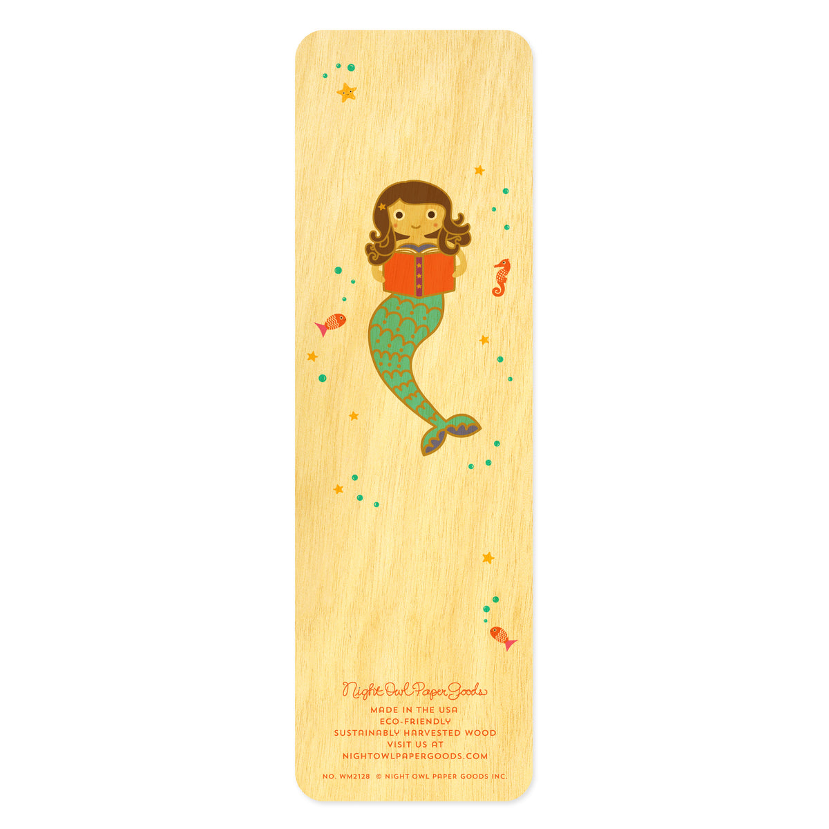 Back of birch wood bookmark with a mermaid reading a book surrounded by a seahorse, small fish and bubbles. At the bottom: Night Owl Paper Goods script logo with text reading "Made in the USA - Eco-Friendly Sustainably Harvested Wood - Visit us at nightowlpapergoods.mom."
