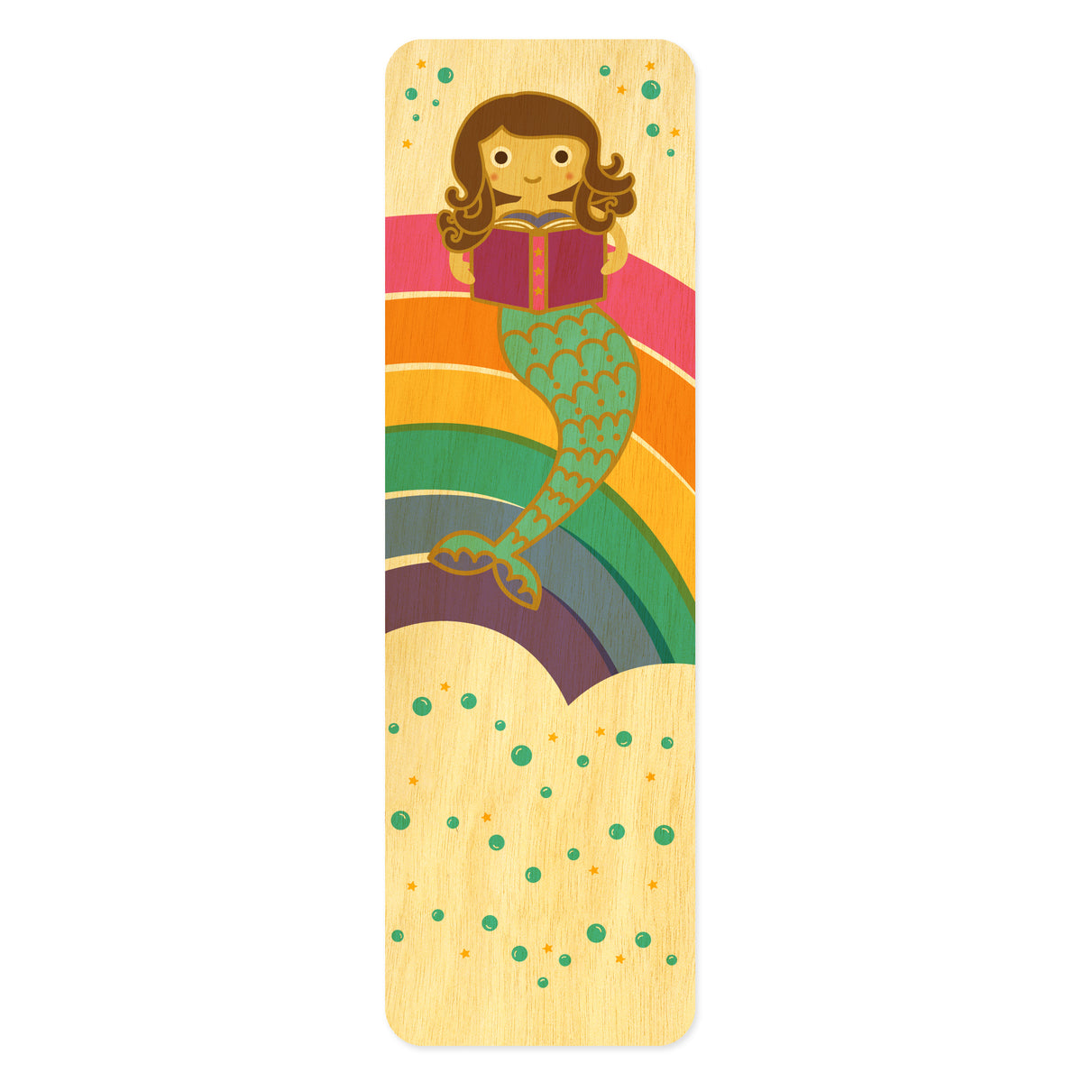 Birch wood bookmark featuring a mermaid reading a book on a rainbow background, surrounded by bubbles and stars.