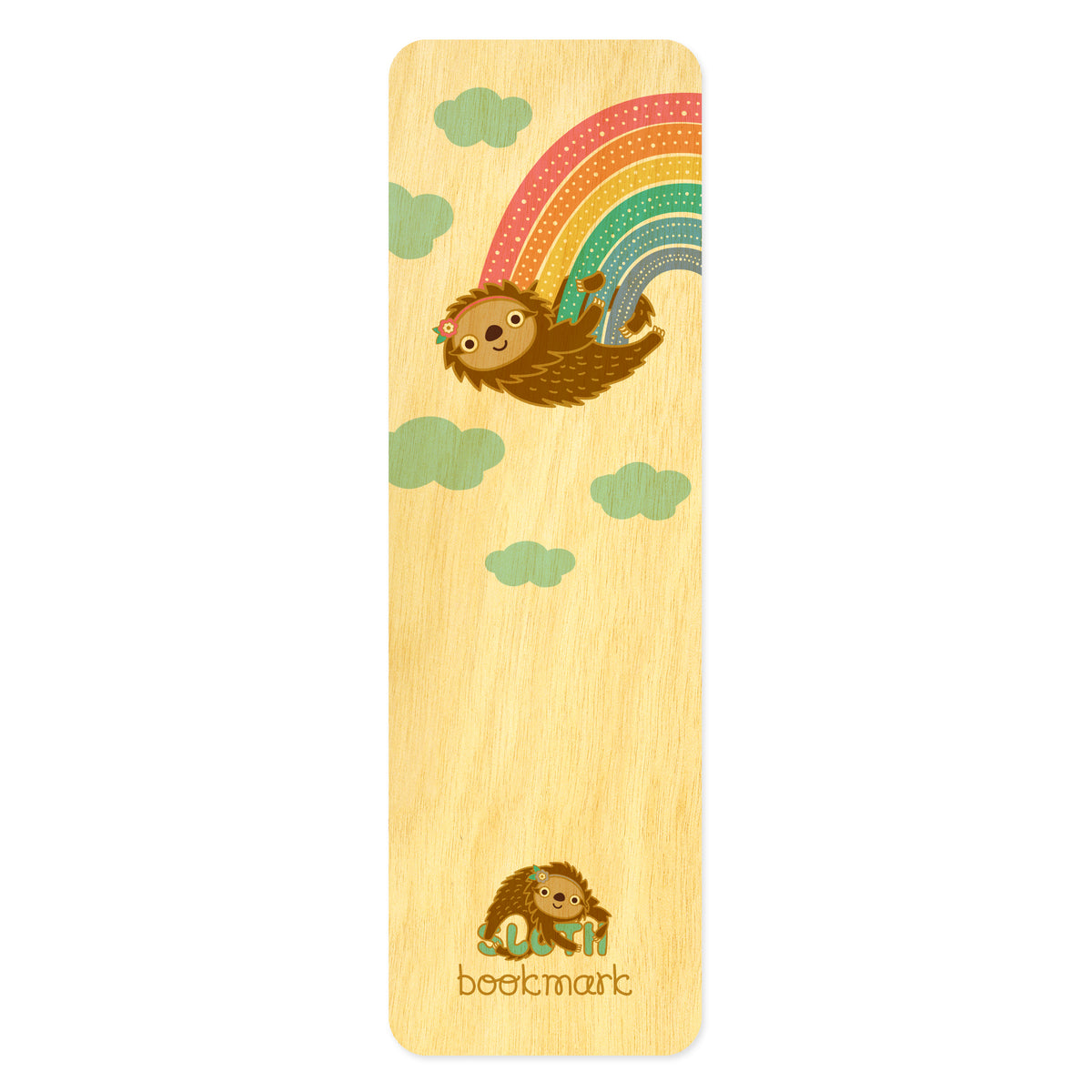 Wooden bookmark with a sloth and pastel rainbow design. Text at bottom reads "Sloth bookmark"