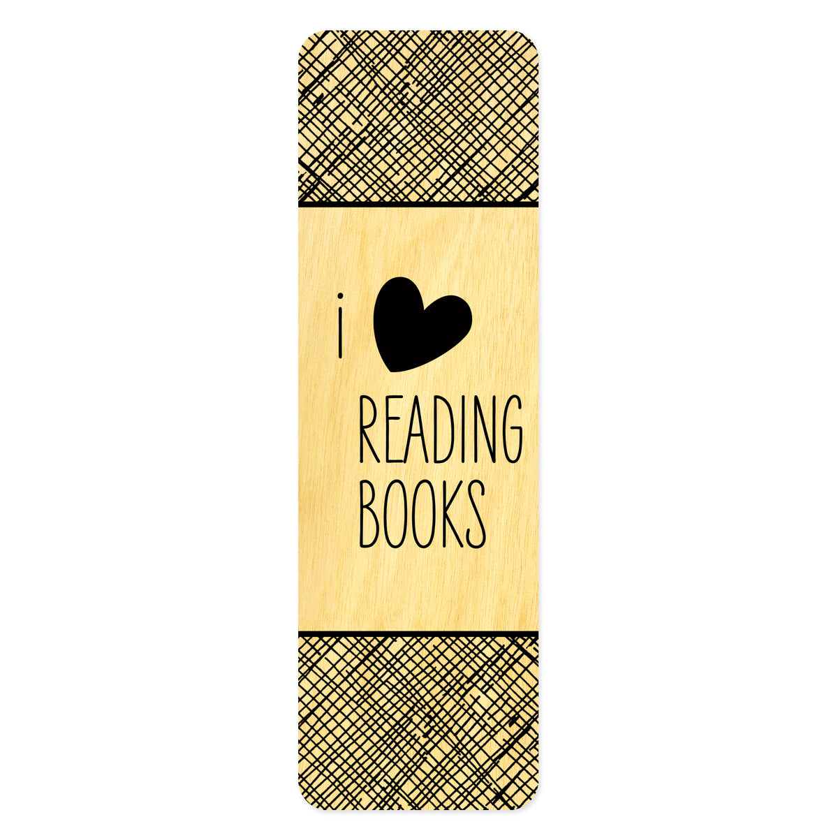 Wooden bookmark with black text and heart design that reads 'I heart reading books'