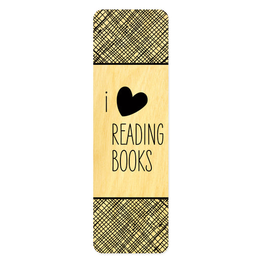 Wooden bookmark with black text and heart design that reads 'I heart reading books'