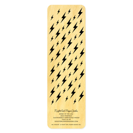 Back side of wood bookmark with black lightning bolt pattern. At the bottom: Night Owl Paper Goods script logo with text reading "Made in the USA - Eco-Friendly Sustainably Harvested Wood - Visit us at nightowlpapergoods.mom."