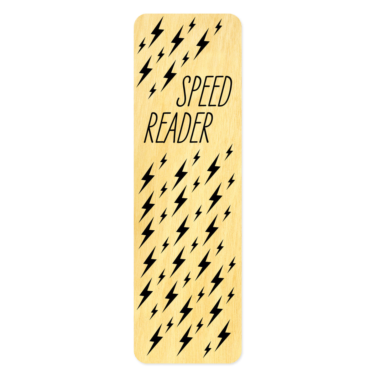 Wooden bookmark with black lightning bolt pattern and 'Speed Reader' text