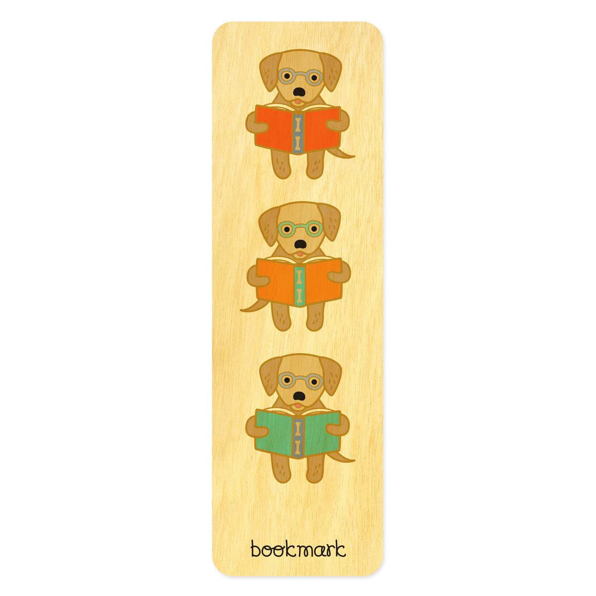 Wooden bookmark with illustrations of golden retriever dogs wearing eyeglasses reading books. Text at bottom reads "bookmark."