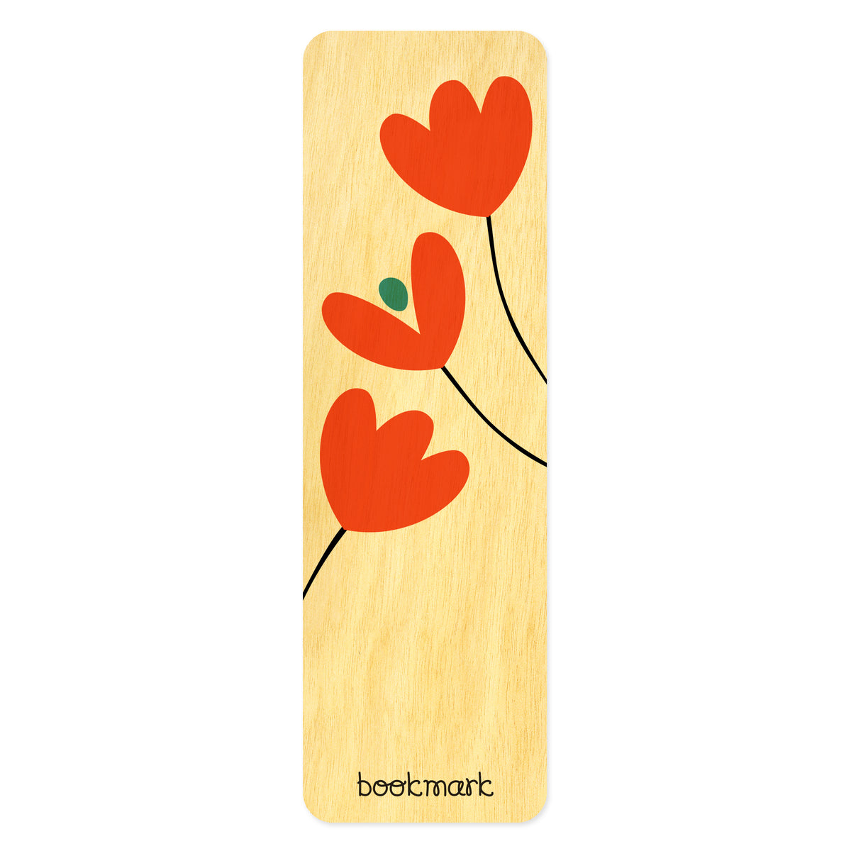 Wooden bookmark with red floral tulip design. Text at bottom reads "bookmark."