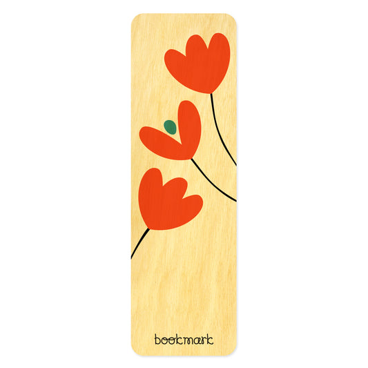 Wooden bookmark with red floral tulip design. Text at bottom reads "bookmark."