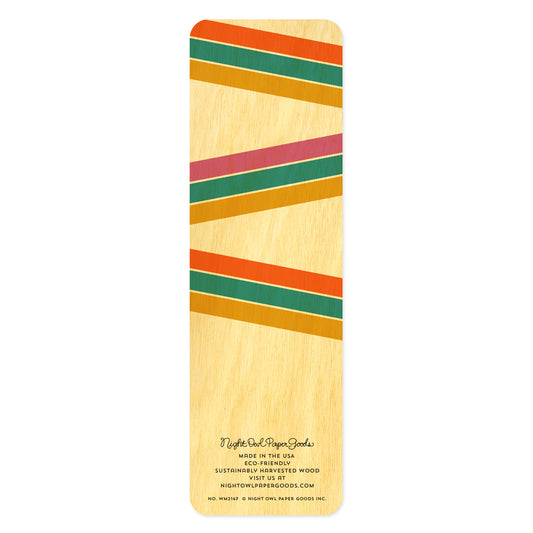 Back of birch wood bookmark with a colorful horizontal striped pattern. At the bottom: Night Owl Paper Goods script logo with text reading "Made in the USA - Eco-Friendly Sustainably Harvested Wood - Visit us at nightowlpapergoods.mom."