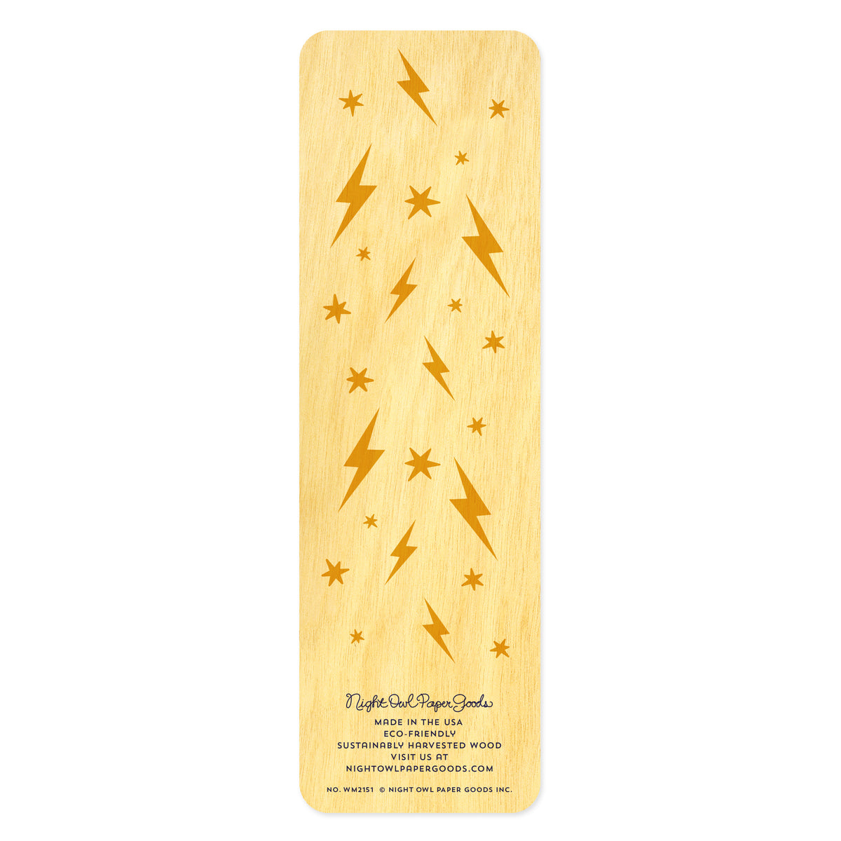 Back side of wooden bookmark with lightning bolt and star patterns. At the bottom: Night Owl Paper Goods script logo with text reading "Made in the USA - Eco-Friendly Sustainably Harvested Wood - Visit us at nightowlpapergoods.mom."