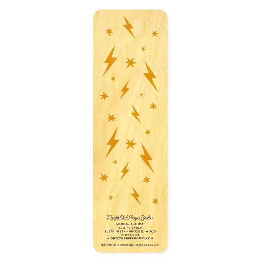Back side of wooden bookmark with lightning bolt and star patterns. At the bottom: Night Owl Paper Goods script logo with text reading "Made in the USA - Eco-Friendly Sustainably Harvested Wood - Visit us at nightowlpapergoods.mom."