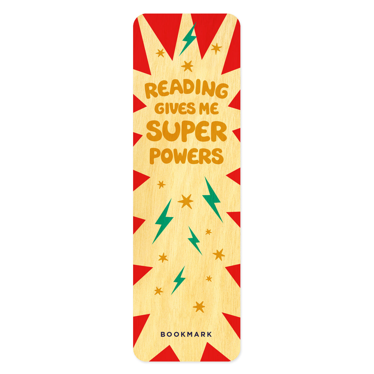 Wooden bookmark with superhero design and 'Reading gives me super powers' text. Text at bottom reads "bookmark."