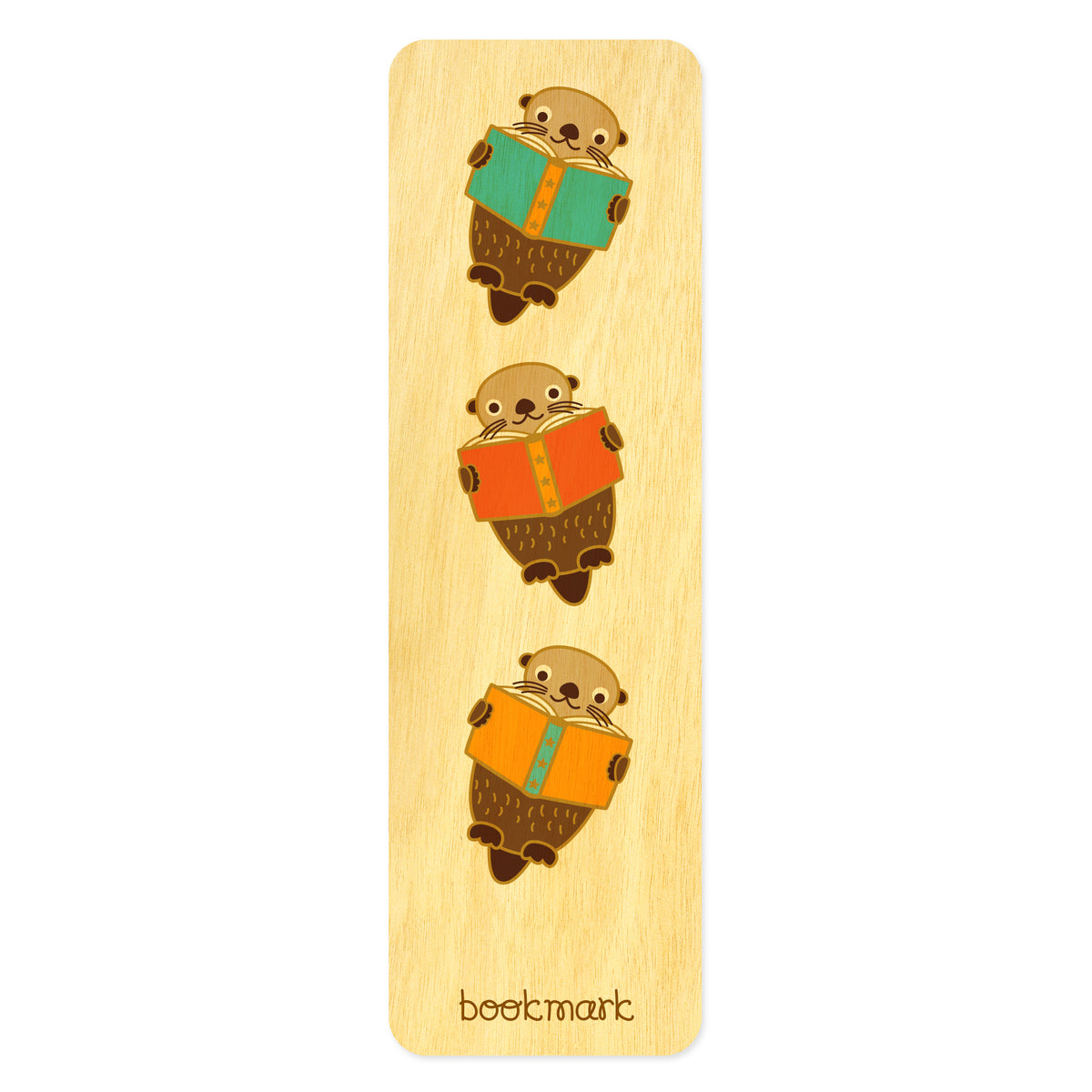 Wood bookmark with a three otters reading colorful books, printed on natural birch wood. Text at bottom of bookmark reads, "bookmark."