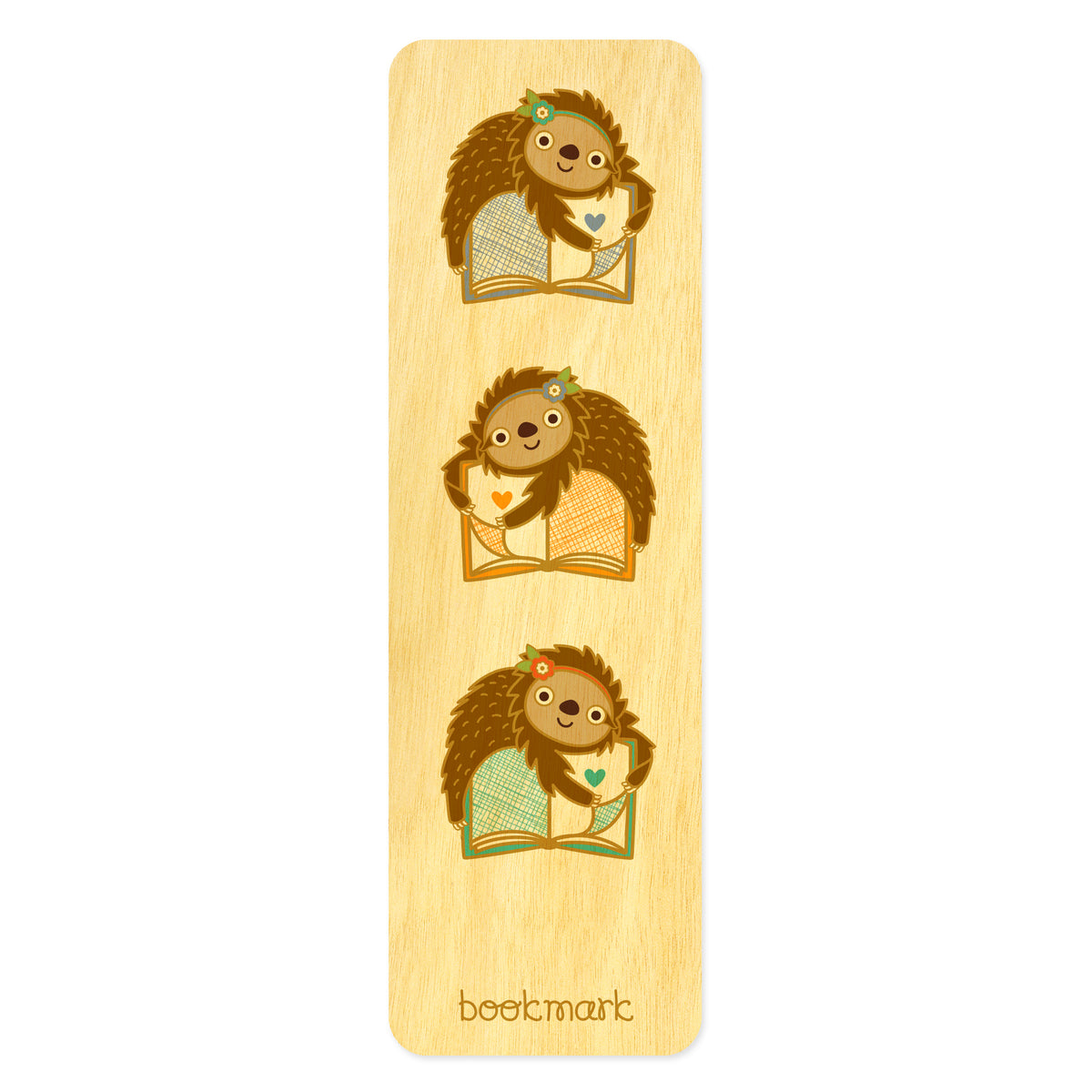 Wooden bookmark with three cute sloths hugging books. Text at bottom reads "bookmark." 