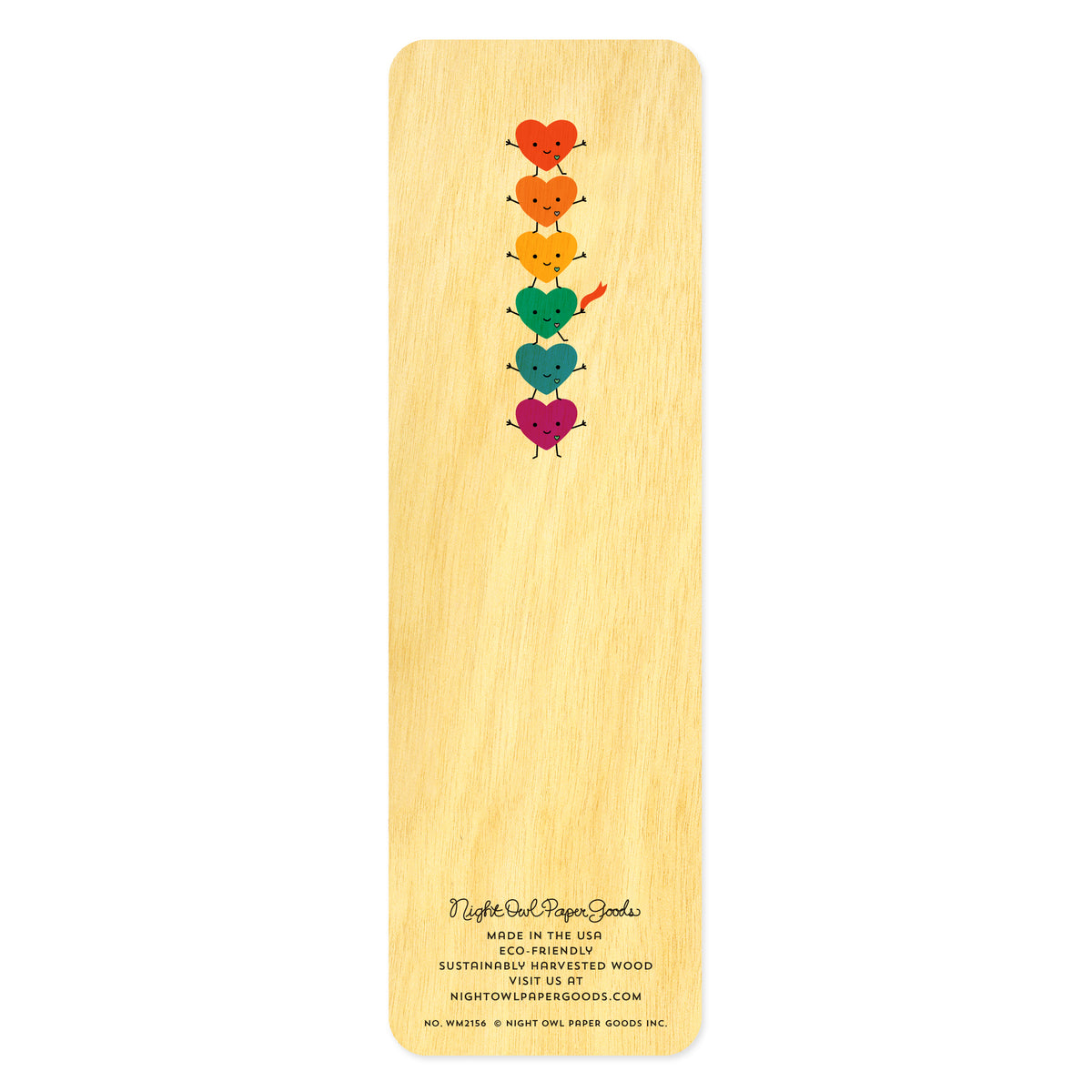 Back side of wooden bookmark with rainbow happy heart design. At the bottom: Night Owl Paper Goods script logo with text reading "Made in the USA - Eco-Friendly Sustainably Harvested Wood - Visit us at nightowlpapergoods.mom."