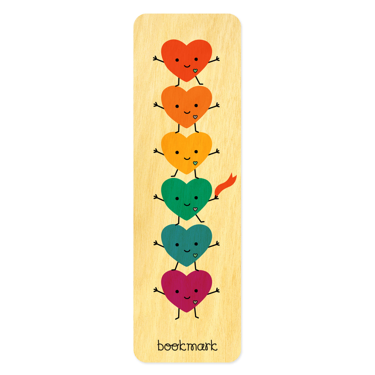 Wooden bookmark with colorful happy rainbow heart designs. Text at bottom reads "bookmark."