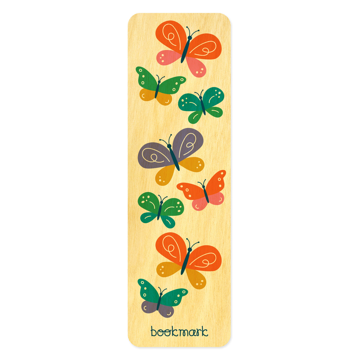 Wooden bookmark with colorful butterfly designs. Text at bottom reads "bookmark."