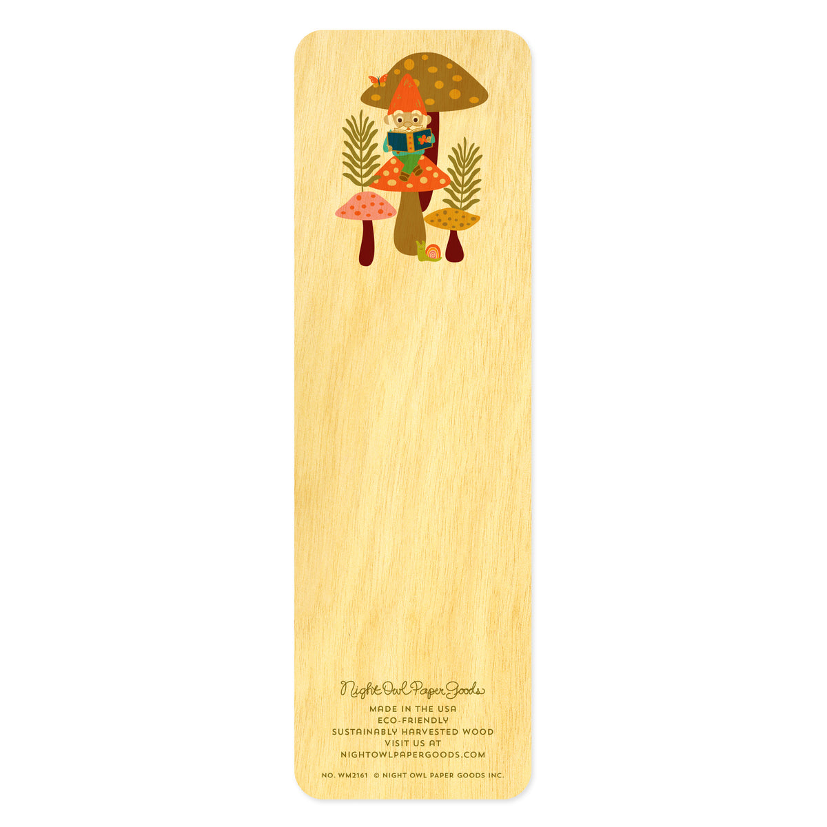 Back side of wooden bookmark with an illustration of a gnome sitting on a mushroom reading a book. At the bottom: Night Owl Paper Goods script logo with text reading "Made in the USA - Eco-Friendly Sustainably Harvested Wood - Visit us at nightowlpapergoods.mom."
