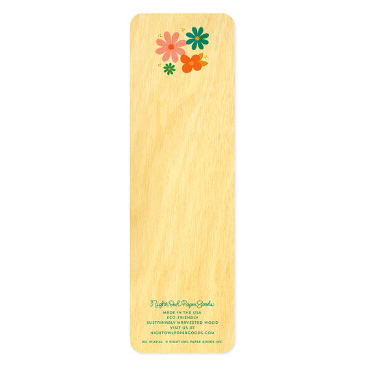 Back of birch wood bookmark with a colorful floral design. At the bottom: Night Owl Paper Goods script logo with text reading "Made in the USA - Eco-Friendly Sustainably Harvested Wood - Visit us at nightowlpapergoods.mom."