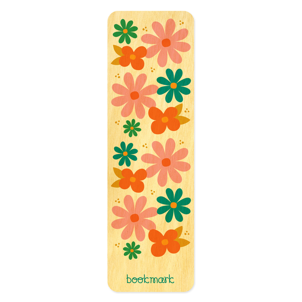 Wooden bookmark with a colorful floral design. Text at bottom reads "bookmark."