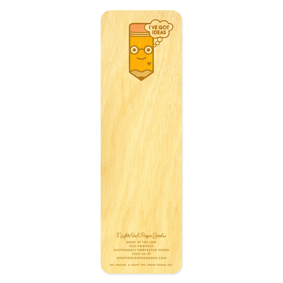 Back of wooden bookmark featuring yellow happy pencil 