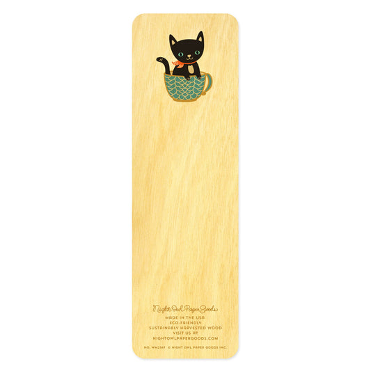 Back of birch wood bookmark with a black cat peeking out of a cup. At the bottom: Night Owl Paper Goods script logo with text reading "Made in the USA - Eco-Friendly Sustainably Harvested Wood - Visit us at nightowlpapergoods.mom."