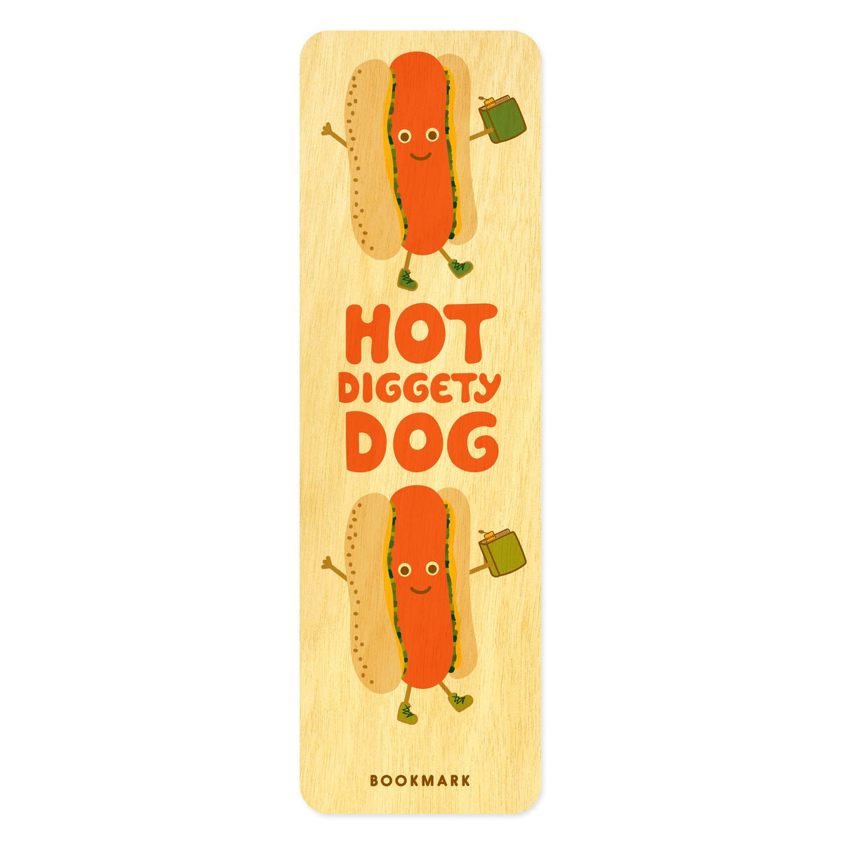 Wooden bookmark with two cartoon hot dogs wearing boots and carrying books. Text reads 'Hot Diggety Dog'