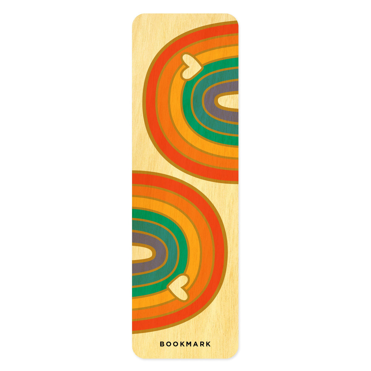 Birch wood bookmark with two colorful rainbows with a little white heart on each. Text at bottom reads "BOOKMARK."
