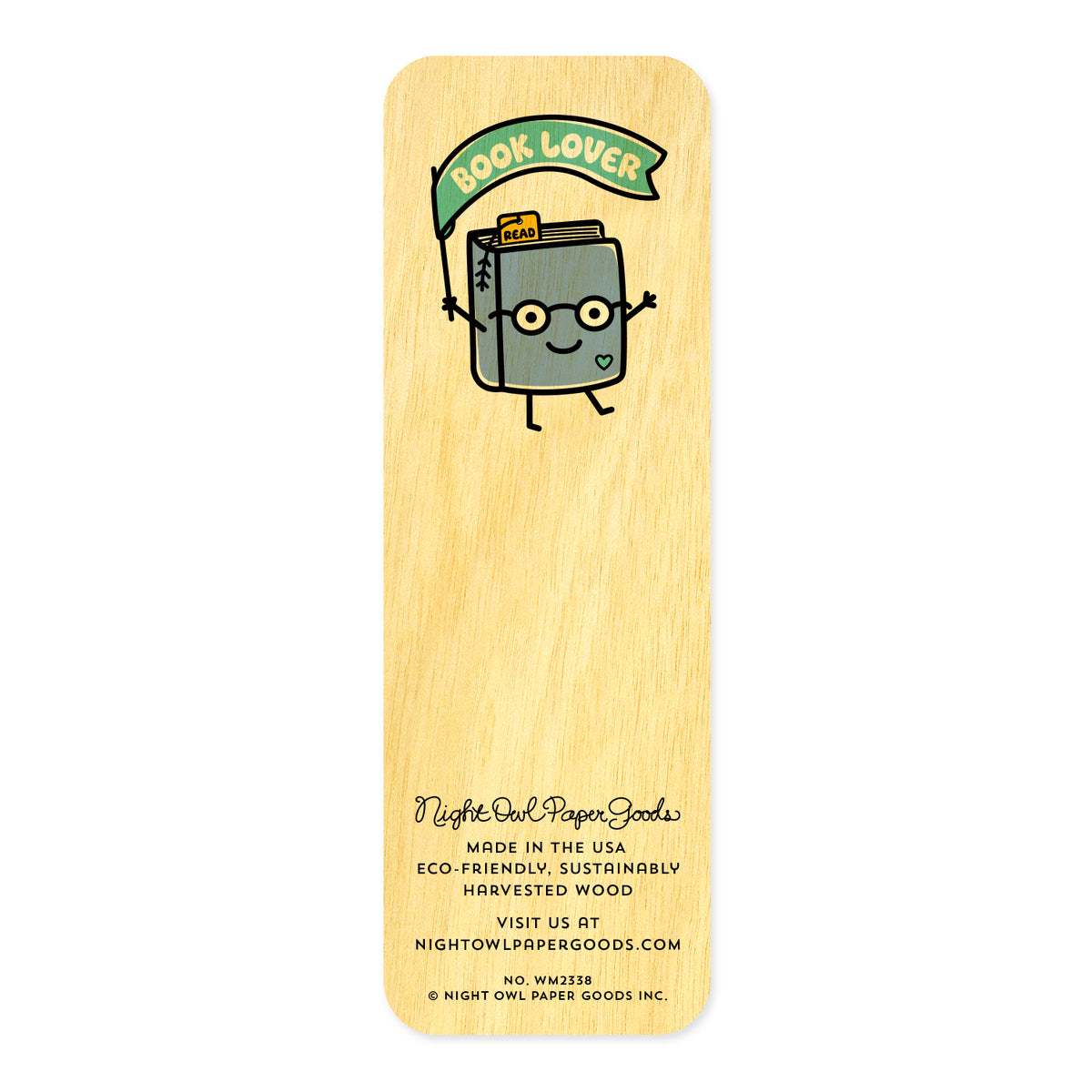 Wooden bookmark with cartoon book character and 'Book Lover' banner.