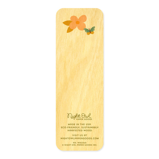 Back of Mom Time birch wood mini bookmark featuring a light pink flower and colorful butterfly. At the bottom, the Night Owl Paper Goods script logo appears above text reading "Made in the USA - Eco-Friendly Sustainably Harvested Wood - Visit us at nightowlpapergoods.mom."