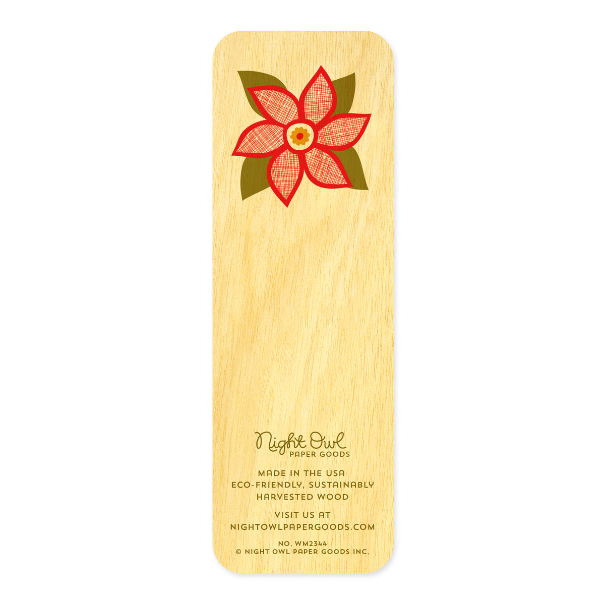 Back of Poinsettias birch wood mini bookmark, featuring a red poinsettia flower with olive green leaves and textured crosshatch detailing. At the bottom, the Night Owl Paper Goods script logo appears above text reading "Made in the USA - Eco-Friendly Sustainably Harvested Wood - Visit us at nightowlpapergoods.mom."
