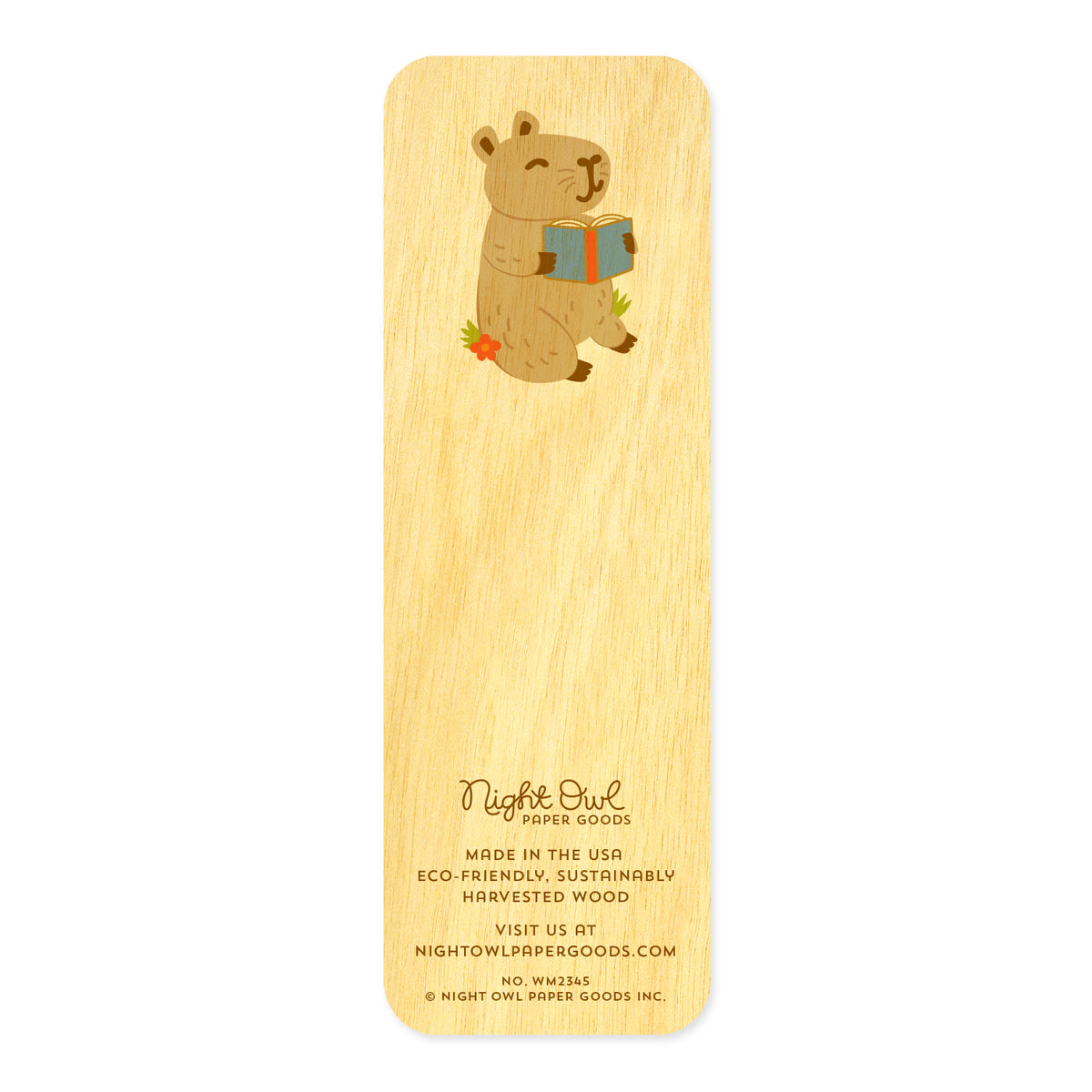 Back of Capy birch wood mini bookmark, featuring a cute capybara holding an open book. At the bottom, the Night Owl Paper Goods script logo appears above text reading "Made in the USA - Eco-Friendly Sustainably Harvested Wood - Visit us at nightowlpapergoods.mom."